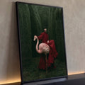 Quadro Decorativo Grande Mulher com Flamingo para Sala | quadros decorativos para sala | mulher de vestido vermelho segurando flamingo rosa em corredor de sebes verdes escuras | Porao dos Quadros