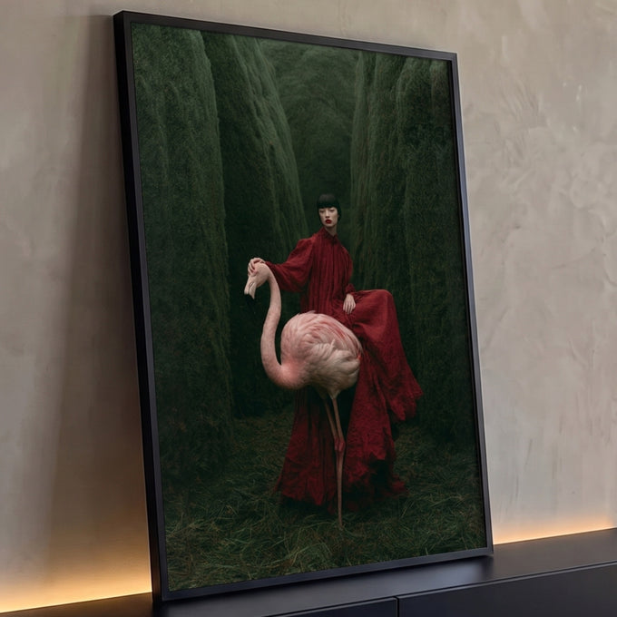 Quadro Decorativo Grande Mulher com Flamingo para Sala | quadros decorativos para sala | mulher de vestido vermelho segurando flamingo rosa em corredor de sebes verdes escuras | Porao dos Quadros