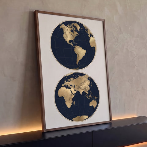 Quadro Decorativo Grande Mapa Mundi para Escritório Azul | quadros decorativos para sala | mapa múndi em dois hemisférios dourados sobre fundo azul-marinho escuro | Porao dos Quadros