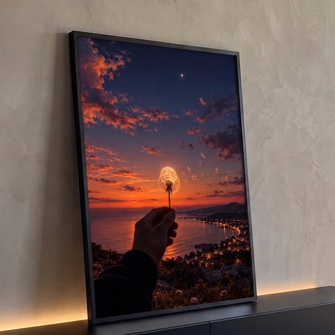 Quadro Decorativo Grande Mão com Dente de Leão para Sala | quadros decorativos para sala | dente-de-leão com lua cheia ao fundo sobre pôr do sol e cidade litorânea | Porao dos Quadros
