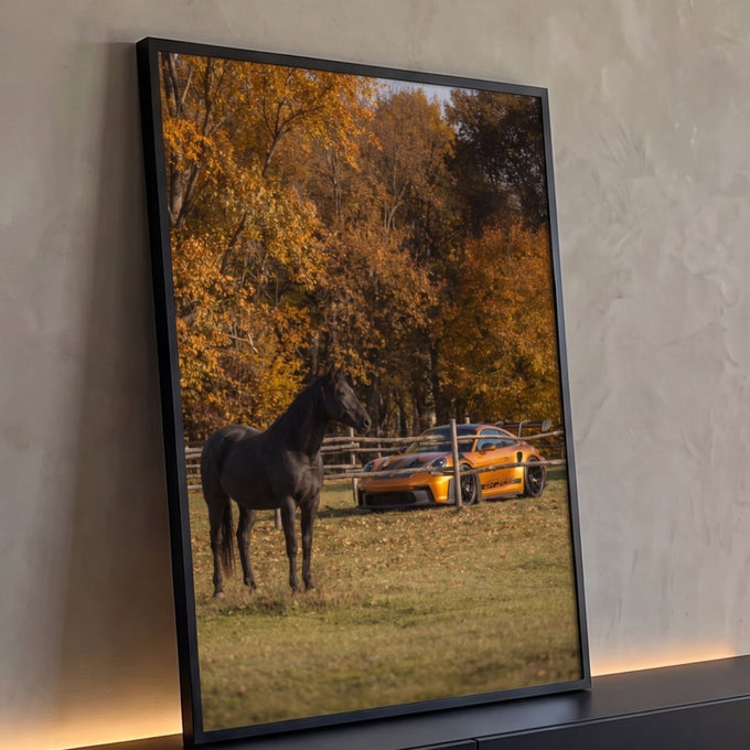 Quadro Decorativo Grande Cavalo e Carro Preto para Sala | quadros decorativos para sala | cavalo preto em pé diante de carro esportivo laranja em cenário de outono | Porao dos Quadros