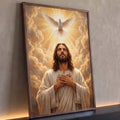 Quadro Decorativo Grande Jesus Cristo Pomba para Sala | quadros decorativos para sala | Jesus Cristo olhando ao céu com mãos sobre o peito e pomba branca em luz dourada | Porao dos Quadros