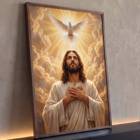 Jesus Cristo com mãos no peito olhando ao céu, pomba branca e nuvens douradas, quadro decorativo