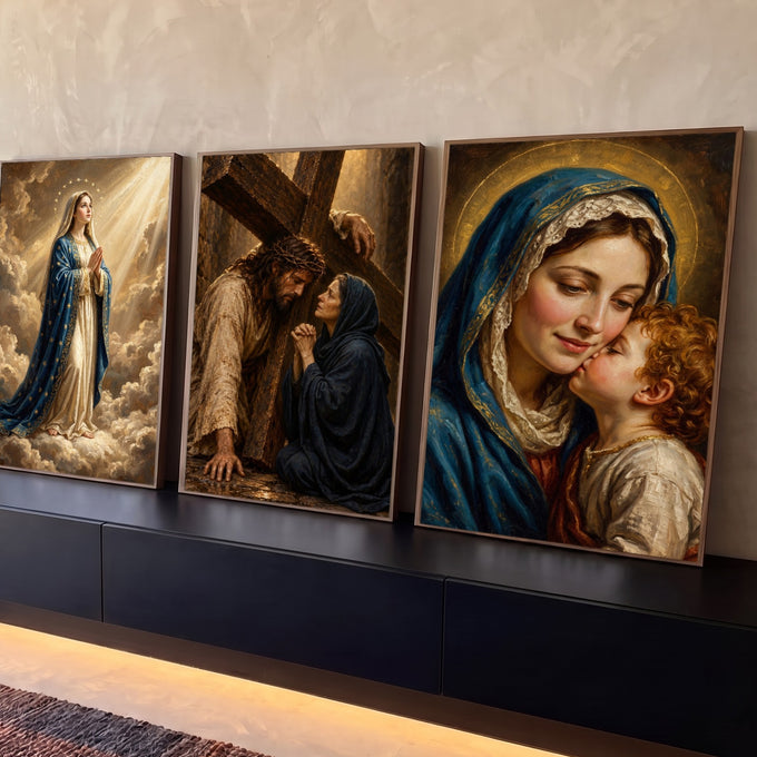Quadro Decorativo Kit 3 Telas Religioso para Sala Azul | quadros decorativos para sala | tríptico religioso com Nossa Senhora, Jesus carregando a cruz e Madona com menino | Porao dos Quadros