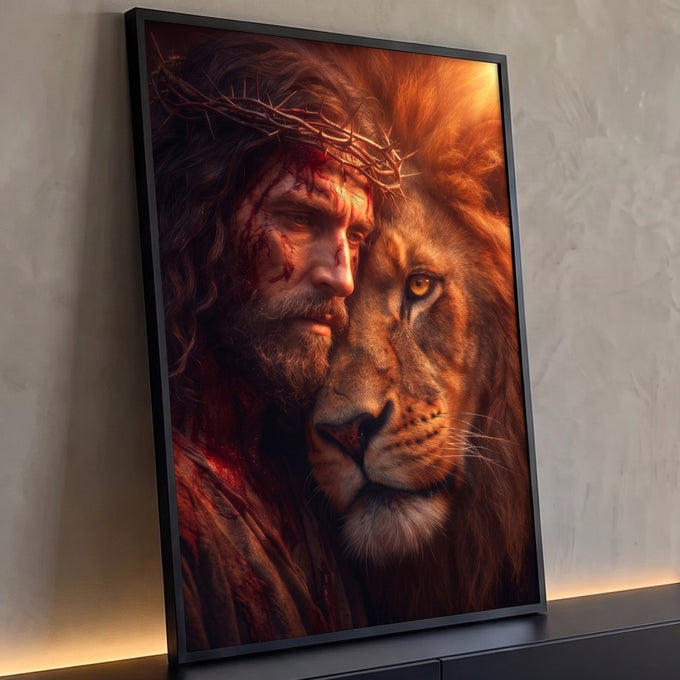 Quadro Decorativo Grande Jesus Dourado para Sala | quadros decorativos para sala | rosto de homem ferido com coroa de espinhos encostado em leão dourado | Porao dos Quadros