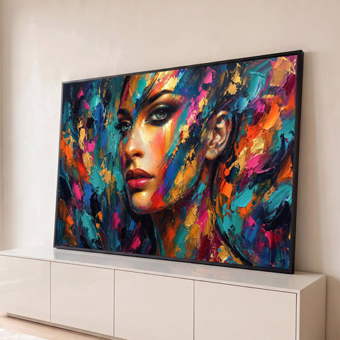 Rosto de mulher pintado a óleo com espátula em turquesa, dourado, rosa e laranja, quadro decorativo