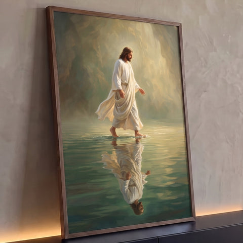 Jesus de túnica branca caminhando sobre águas verdes com reflexo e luz dourada, quadro decorativo