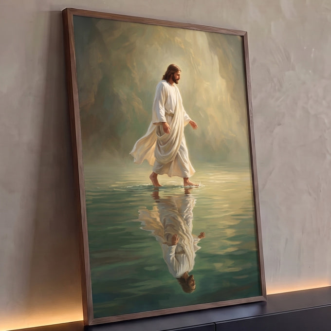 Quadro Decorativo Grande Jesus Caminhando Milagre para Sala | quadros decorativos para sala | Jesus de túnica branca caminhando sobre a água com reflexo e luz suave ao fundo | Porao dos Quadros