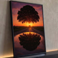 Quadro Decorativo Grande Árvore Refletida na Poça para Sala | quadros decorativos para sala | árvore em silhueta com sol atrás do tronco refletida em estrada ao entardecer | Porao dos Quadros