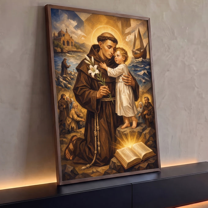 Quadro Decorativo Grande Santo Antônio Marrom para Sala | quadros decorativos para sala | Santo Antônio de hábito marrom abraça o Menino Jesus com lírio branco e auréola dourada | Porao dos Quadros