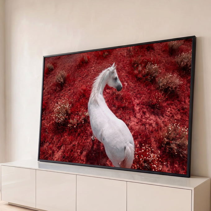 Quadro Decorativo Grande Cavalo Branco para Sala Vermelho | quadros decorativos para sala | cavalo branco visto de cima sobre campo de vegetação vermelha intensa | Porao dos Quadros