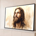 Rosto de Jesus Cristo em aquarela olhando para o céu, em tons bege e sépia, quadro decorativo