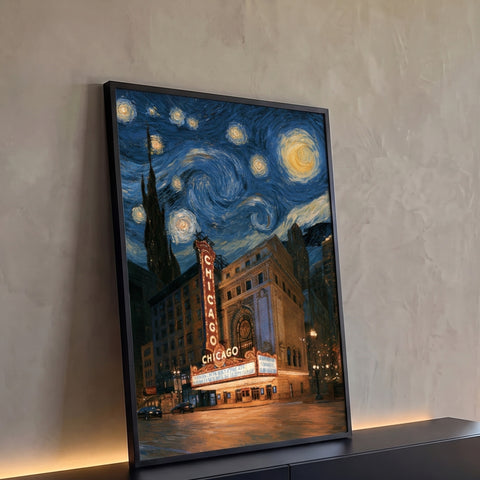 Chicago Theatre iluminado com letreiro vermelho sob céu estrelado estilo Van Gogh, quadro decorativo