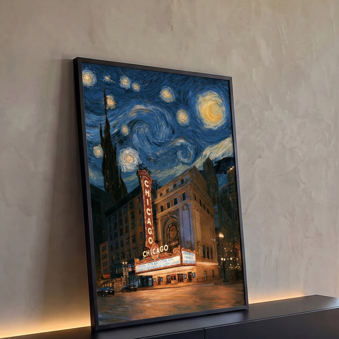 Quadro Decorativo Chicago Theatre sob Céu Estrelado Estilo | quadros decorativos para sala | Chicago Theatre iluminado à noite sob céu estrelado em espirais azuis e douradas | Porao dos Quadros