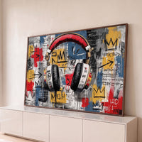 Quadro Decorativo Grande Fone de Ouvido para Sala Vermelho - Borda Infinita / 65x100cm