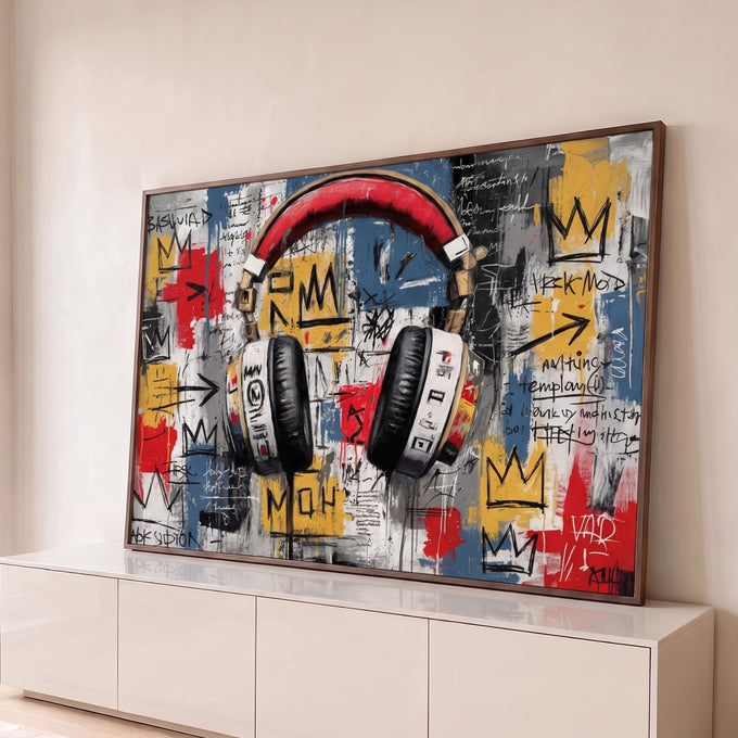 Quadro Decorativo Grande Fone de Ouvido para Sala Vermelho | quadros decorativos para sala | fone de ouvido vermelho e preto em fundo grafite colorido com coroas e rabiscos | Porao dos Quadros