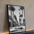 Carro conversível antigo em avenida ladeada por palmeiras altas, fotografia preto e branco, quadro decorativo