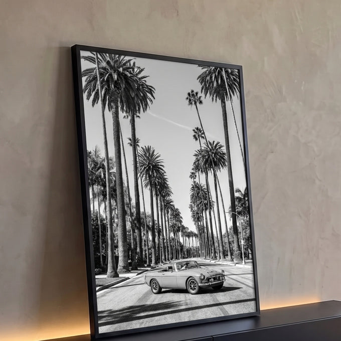 Carro conversível antigo em avenida ladeada por palmeiras altas, fotografia preto e branco, quadro decorativo