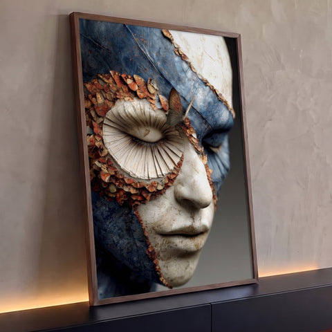 Rosto esculpido azul e branco craquelado com olho em leque e borboletas laranja, quadro decorativo