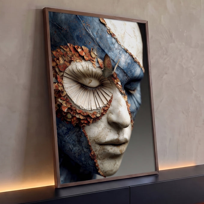 Rosto esculpido azul e branco craquelado com olho em leque e borboletas laranja, quadro decorativo