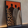 Quadro Decorativo Figuras de Costas com Mantos de Animal | quadros decorativos para sala | quatro silhuetas de costas com mantos de estampa animal print sobre fundo laranja | Porao dos Quadros