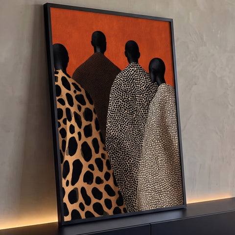 Quadro Decorativo Figuras de Costas com Mantos de Animal | quadros decorativos para sala | quatro silhuetas de costas com mantos de estampa animal print sobre fundo laranja | Porao dos Quadros
