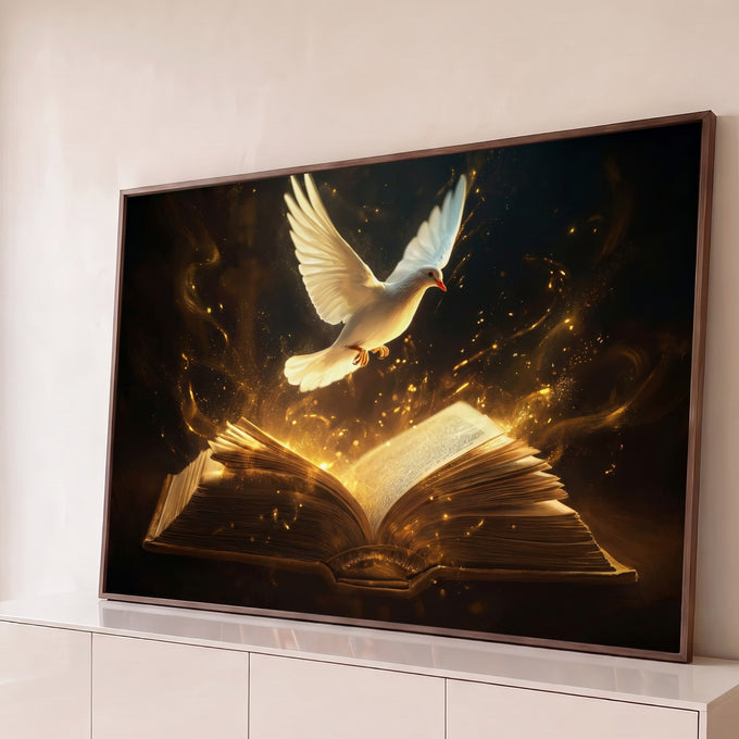Pomba branca do Espírito Santo voando sobre Bíblia aberta com luz dourada em fundo escuro, quadro decorativo