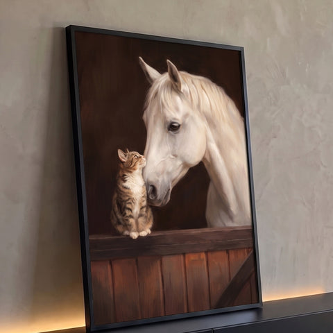 Cavalo branco tocando o focinho em gatinho tigrado sobre porteira de madeira do estábulo, quadro decorativo