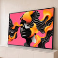 Quadro Decorativo Grande Rosto Abstrato Rosa para Sala | quadros decorativos para sala | rosto abstrato preto com cabelo em chamas laranja sobre fundo rosa vibrante | Porao dos Quadros