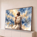 Jesus ajoelhado em oração olhando a luz do céu entre nuvens azuis e douradas em aquarela, quadro decorativo