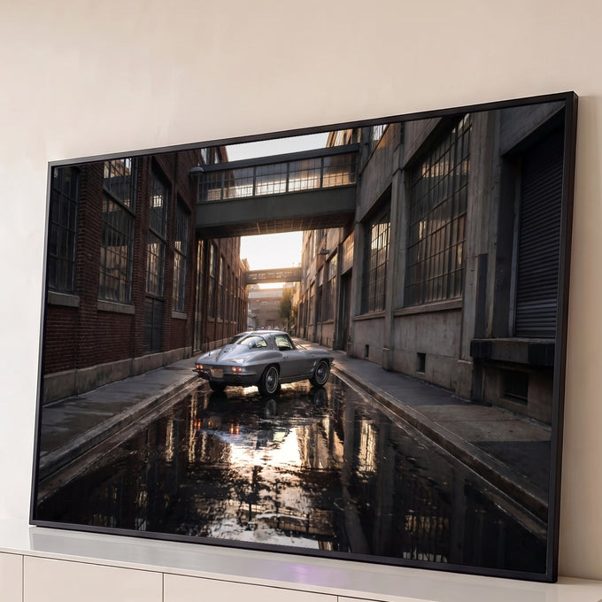 Corvette clássico prata em beco industrial de tijolos com reflexo na água ao pôr do sol, quadro decorativo