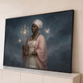 Orixá Ewá de turbante rosa com cajado de cristal sob céu estrelado com borboletas, quadro decorativo