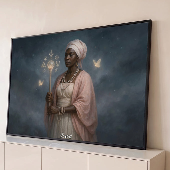 Orixá Ewá de turbante rosa com cajado de cristal sob céu estrelado com borboletas, quadro decorativo