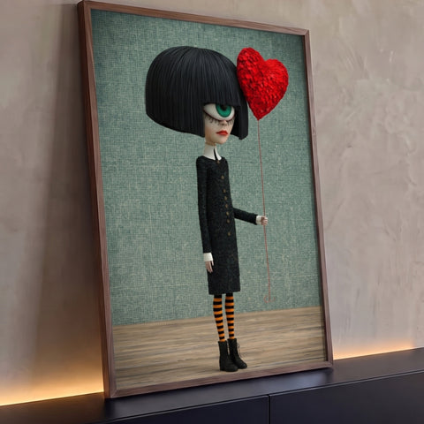 Menina de um olho verde, cabelo preto e vestido preto segurando balão de coração vermelho, quadro decorativo