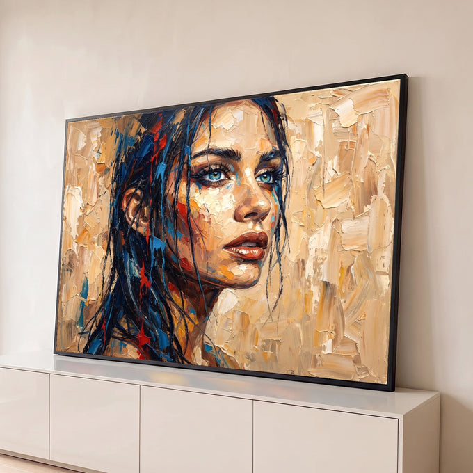 Mulher de olhos azuis e cabelo escorrendo em pintura a espátula sobre fundo bege, quadro decorativo