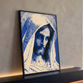 Quadro Decorativo Retrato Feminino em Pixel Art Azul e Bege | quadros decorativos para sala | retrato feminino de véu em textura pixelada azul e preta com olhos azuis vivos | Porao dos Quadros