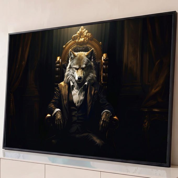 Lobo de terno e luvas de couro sentado em trono dourado ornamentado, fundo escuro com cortinas, quadro decorativo