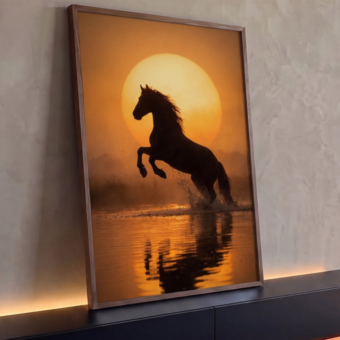 Silhueta de cavalo empinado espirrando água no lago diante de sol laranja gigante, quadro decorativo