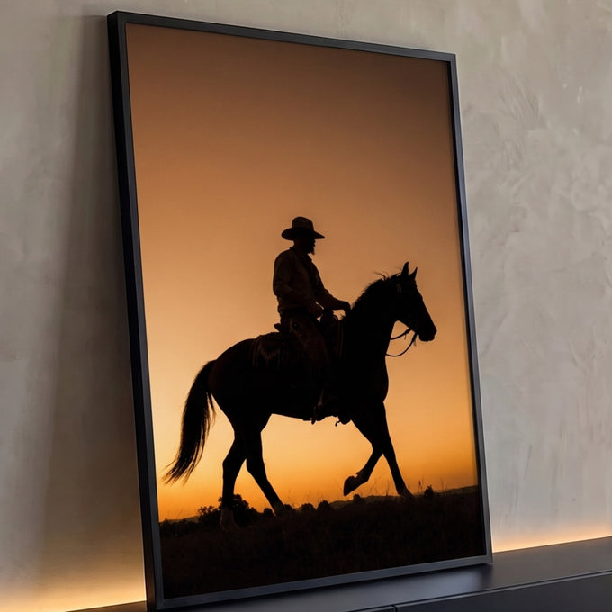 Silhueta de vaqueiro de chapéu montado em cavalo contra céu laranja de pôr do sol, quadro decorativo