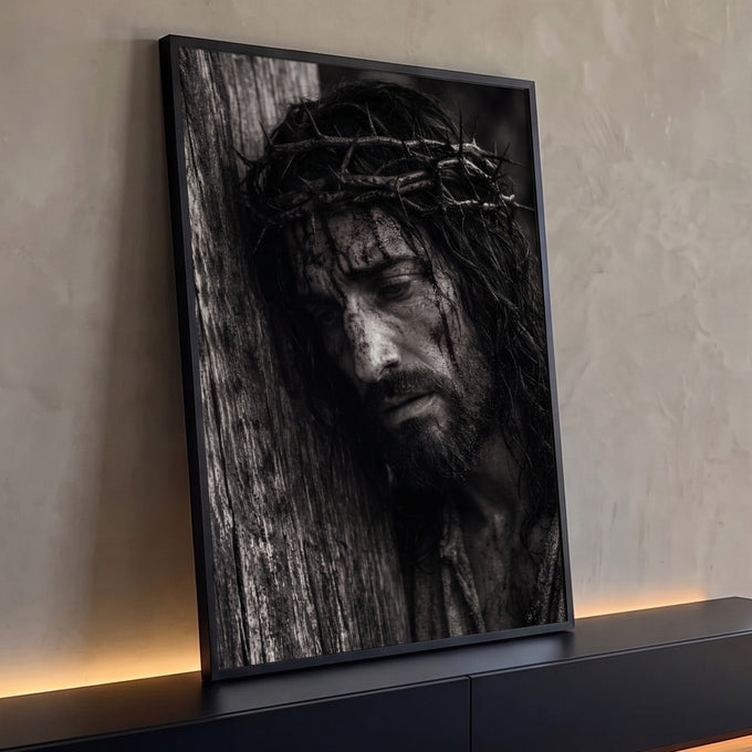 Quadro Decorativo Grande Jesus Preto e Branco para Sala | quadros decorativos para sala | homem com coroa de espinhos e sangue no rosto em retrato preto e branco | Porao dos Quadros