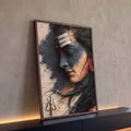 Quadro Decorativo Shiva Meditando com Tridente e Tilaka | quadros decorativos para sala | rosto em perfil de Shiva com tripundra branca, tridente dourado e textura rústica | Porao dos Quadros