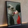 Casal estilizado em 3D se beijando, homem de pele com poás e mulher de suéter vermelho, quadro decorativo