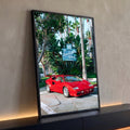Supercarro vermelho retrô diante do letreiro Beverly Hills Hotel entre palmeiras, quadro decorativo