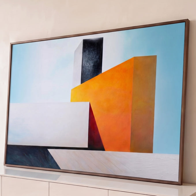Quadro Decorativo Grande Formas Geometrico para Sala Laranja | quadros decorativos para sala | blocos geométricos laranja, branco e preto formando estrutura abstrata sobre céu azul | Porao dos Quadros