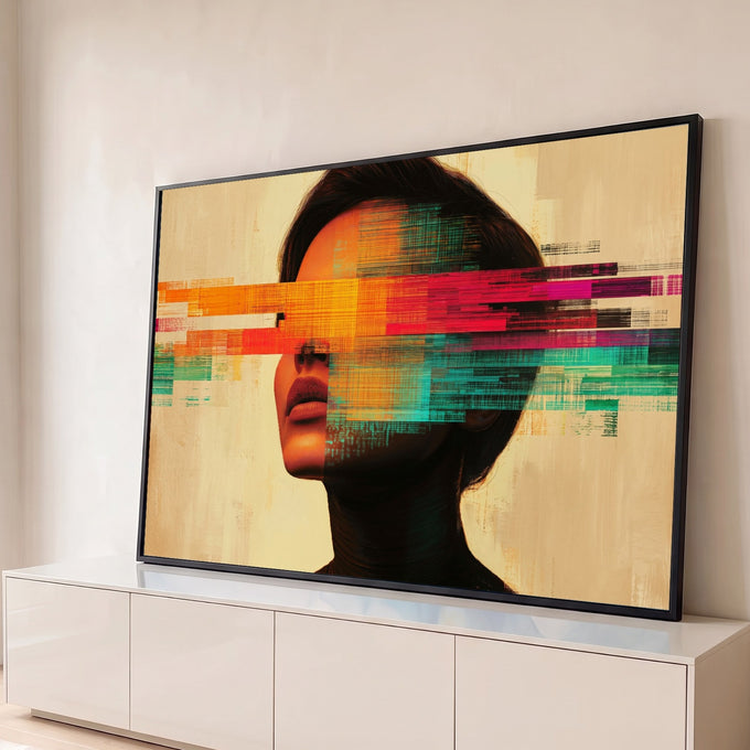 Rosto de mulher com faixas glitch laranja, magenta e verde-água sobre fundo bege, quadro decorativo