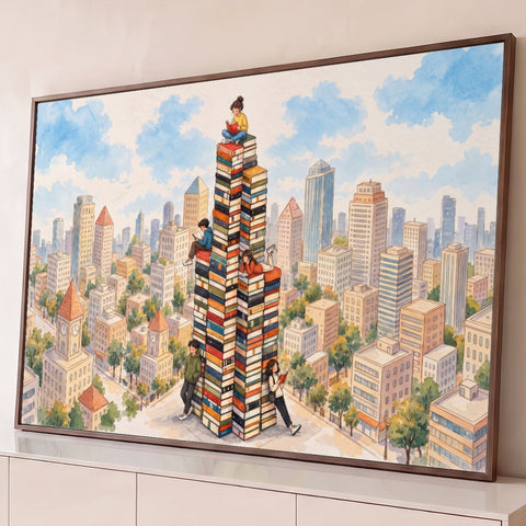 Aquarela de torre de livros com jovens lendo entre prédios de uma cidade, quadro decorativo