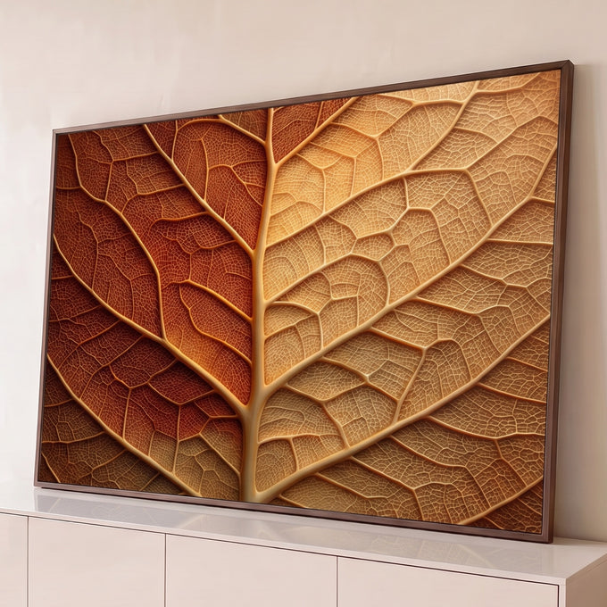 Quadro Decorativo Grande Nervuras de Folha para Sala | quadros decorativos para sala | close extremo de folha com nervuras em vermelho, marrom e dourado | Porao dos Quadros