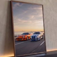 Quadro Decorativo Grande Supra e GT-R R34 para Sala Laranja - Borda Infinita / 100x65cm