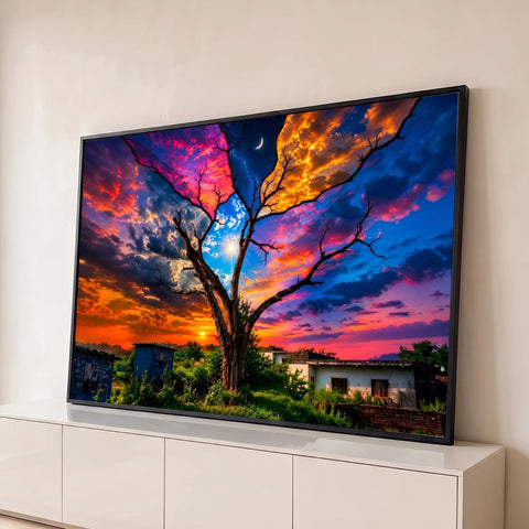 Árvore seca com céu dividido entre sol, lua crescente e pôr do sol colorido, quadro decorativo