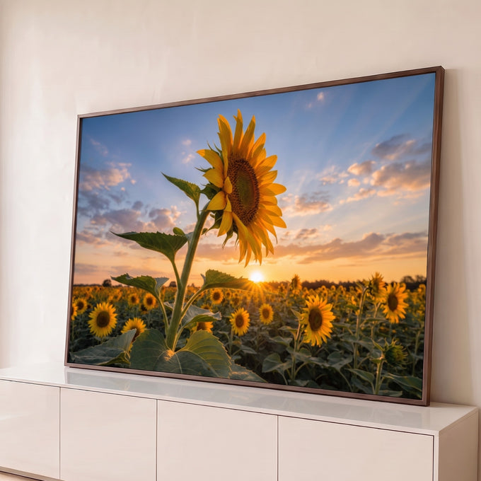 Quadro Decorativo Grande Girassol ao Pôr do Sol para Sala | quadros decorativos para sala | girassol em destaque sobre campo de girassóis ao pôr do sol | Porao dos Quadros